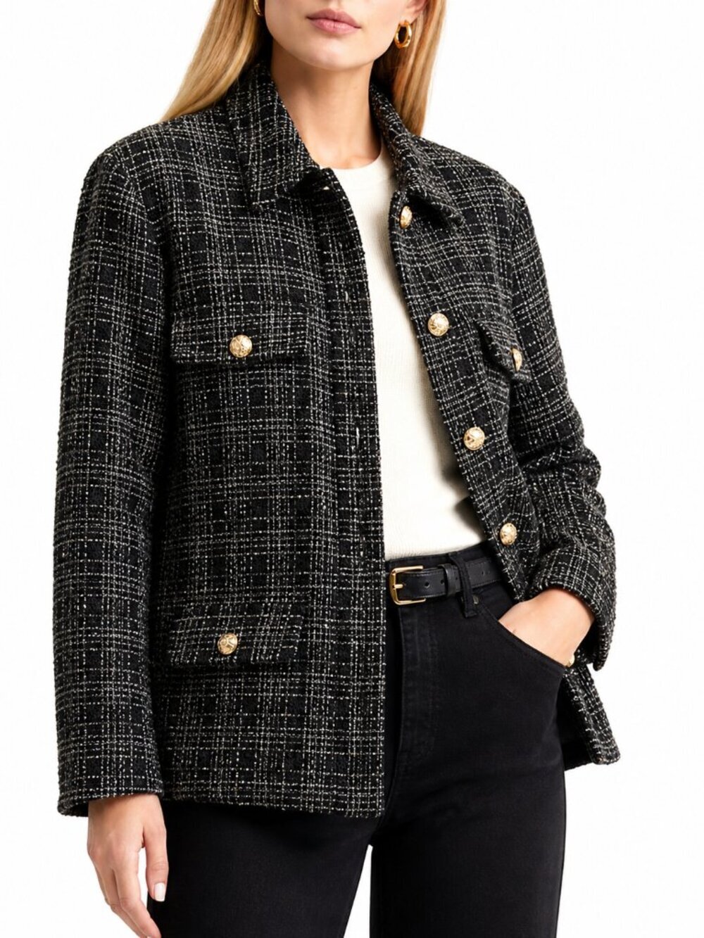 Anine Bing Corey Tweed Blazer Metallic Plaid Gold Button Jacket